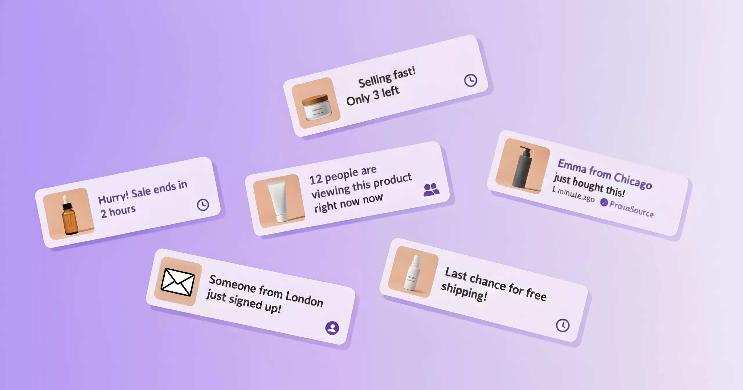 FOMO Marketing, What is it? visualization of multiple fomo pop up notifications that might appear on an ecommerce store