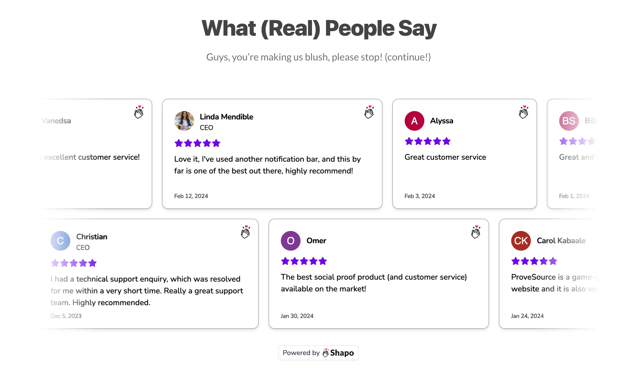 Social proof example using shapo.io testimonials