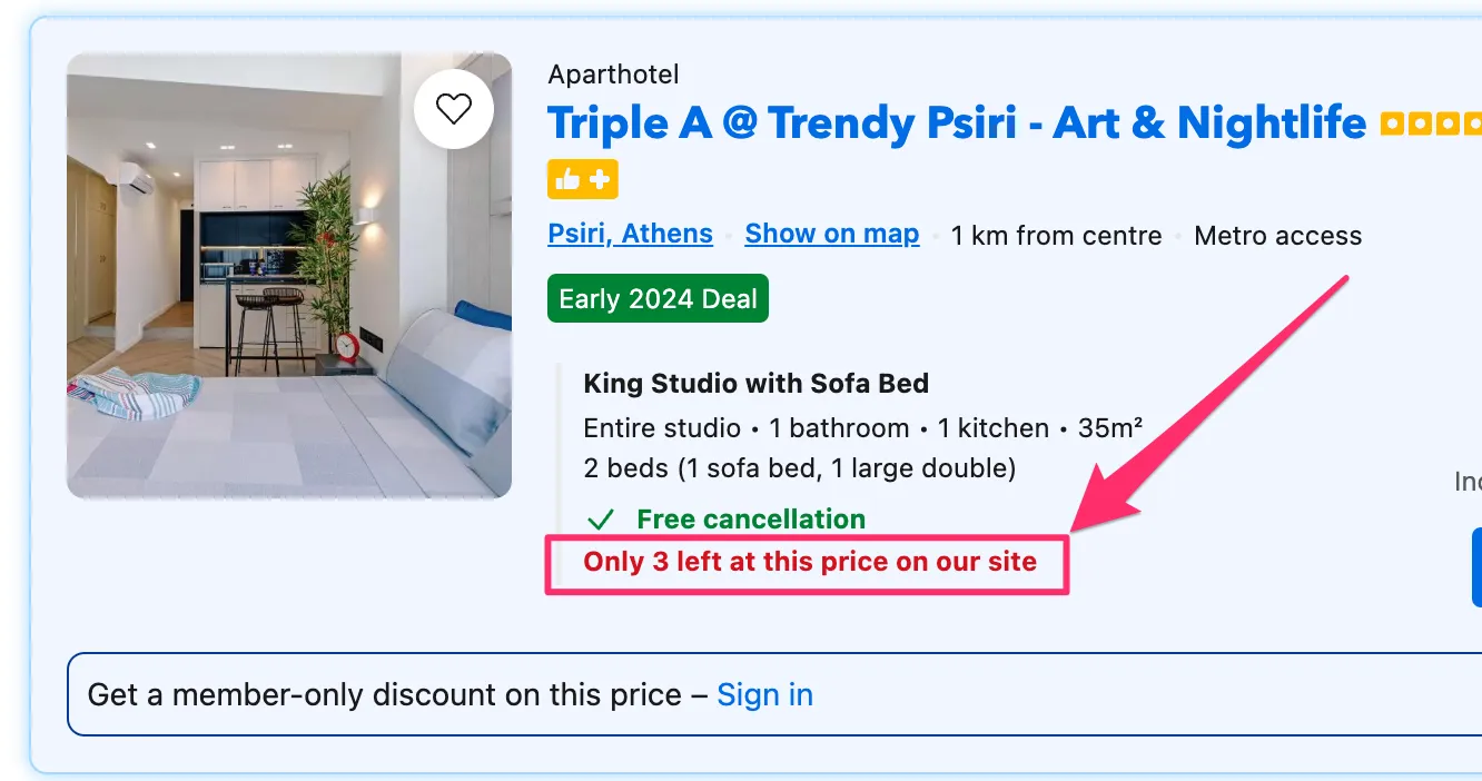 Fomo social proof example used by booking.com