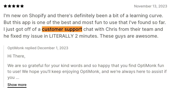 OptiMonk Shopify app store review screenshot