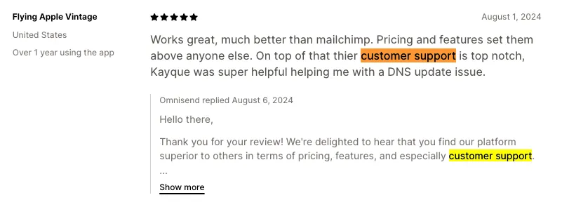 Omnisend Shopify app store review screenshot
