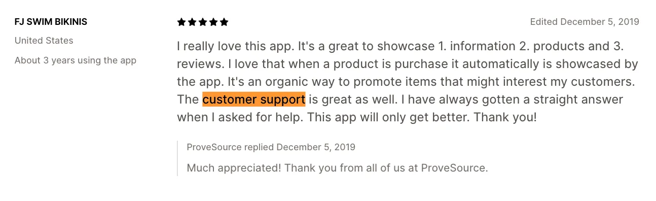 ProveSource Shopify app store review screenshot