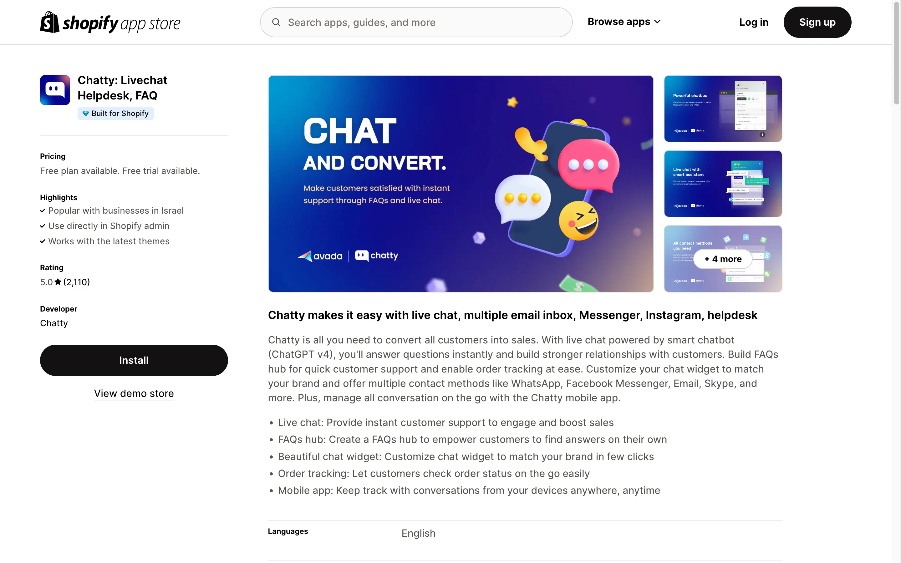 Chatty Shopify app store screenshot