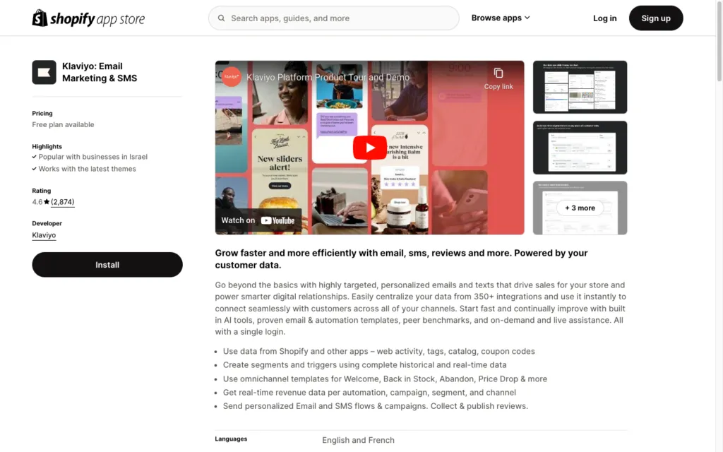 Klaviyo Shopify app store screenshot