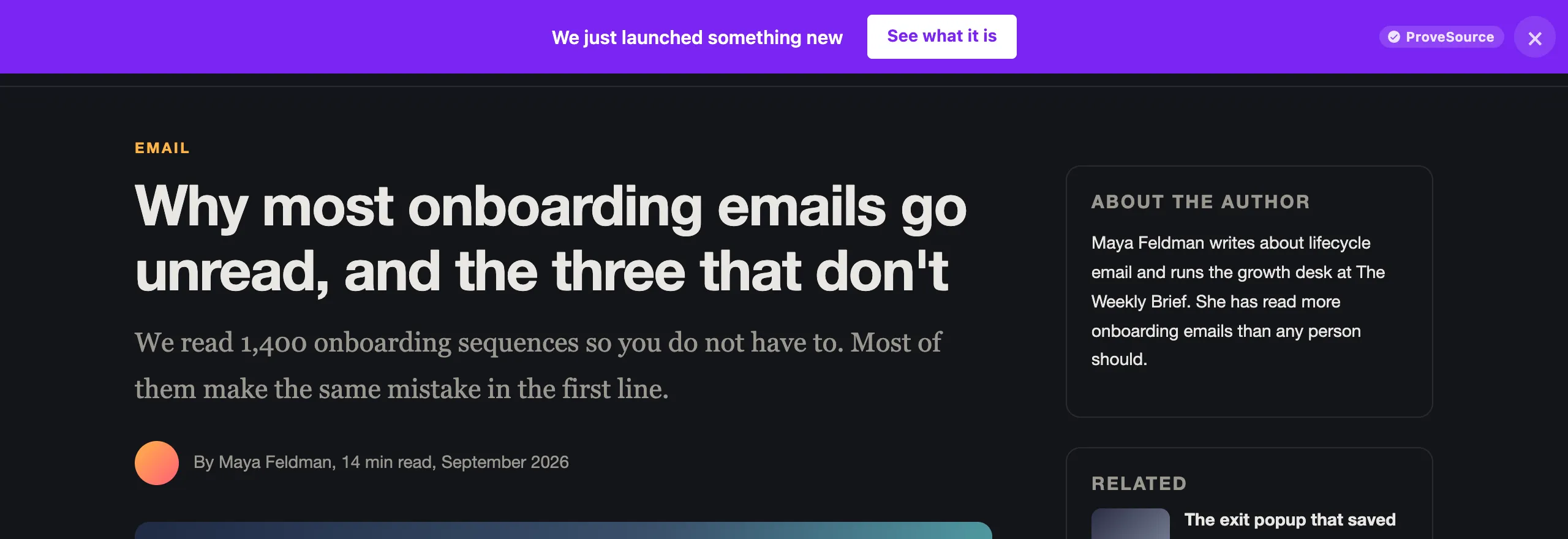 A purple launch announcement bar at the top of a blog