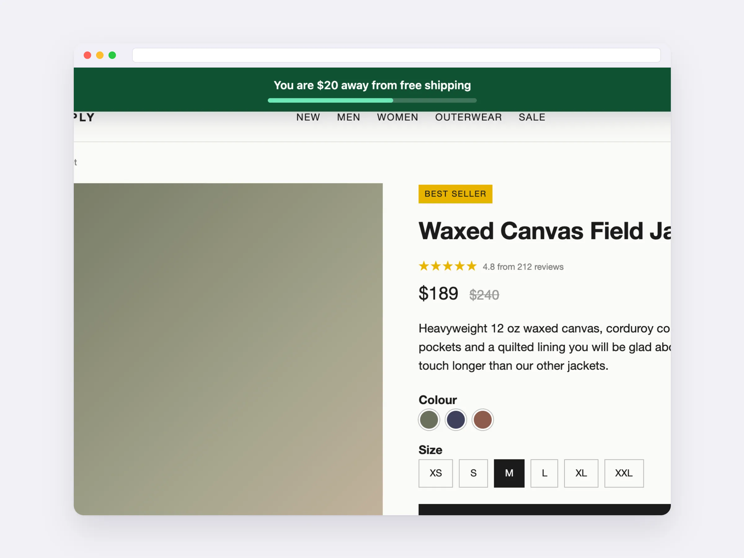 A free shipping bar reading You are $20 away from free shipping, with a progress line