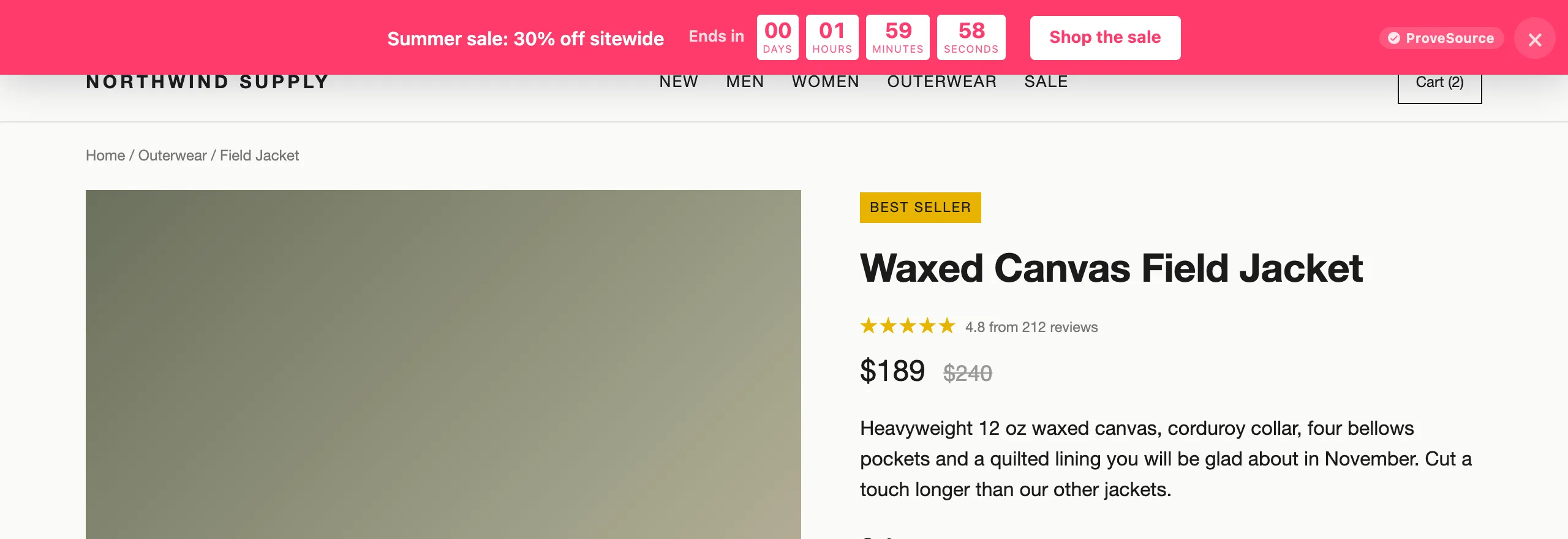 A summer sale announcement bar with a countdown and a shop button