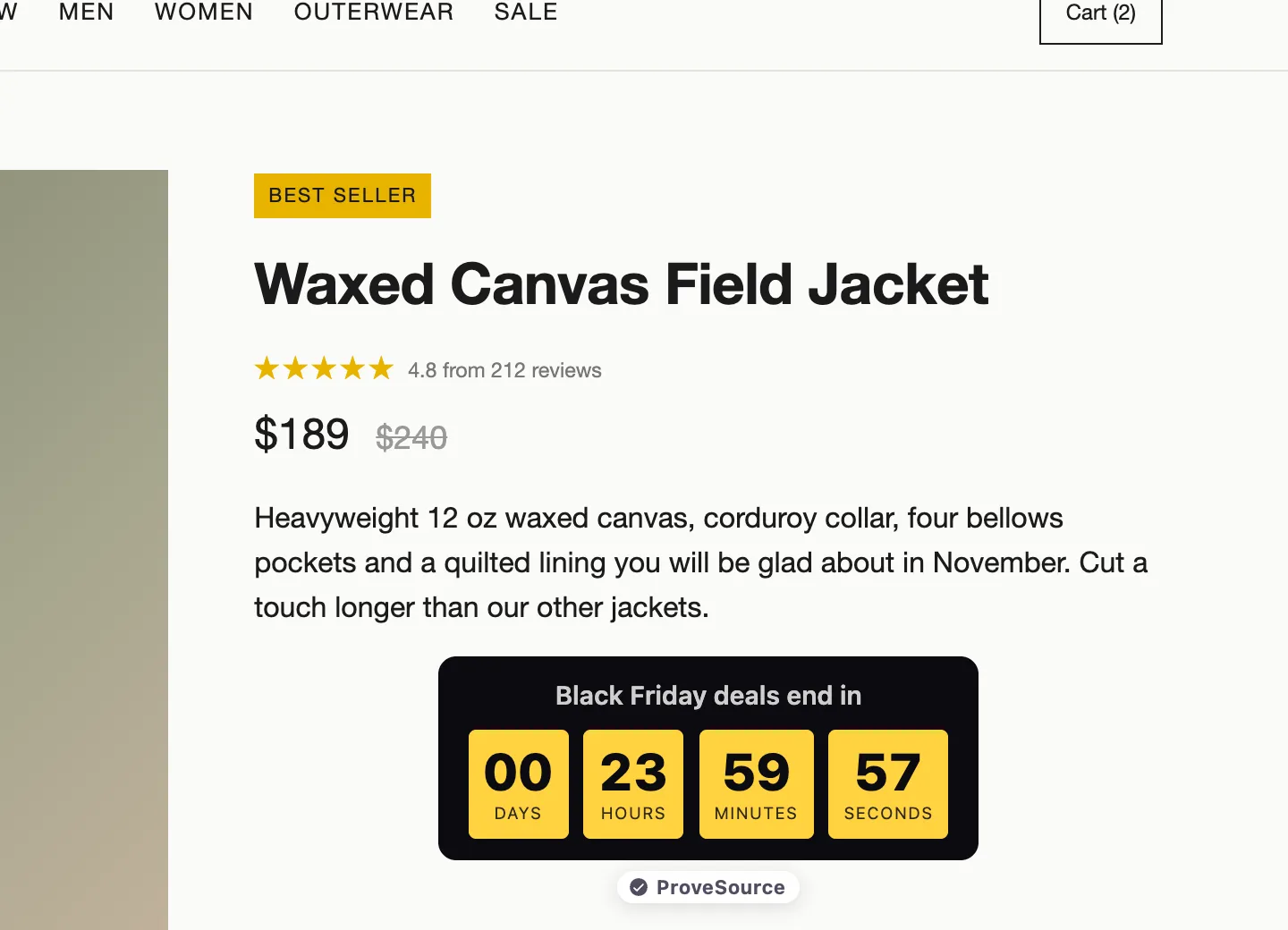 A Black Friday countdown timer under the price on a Shopify-style product page