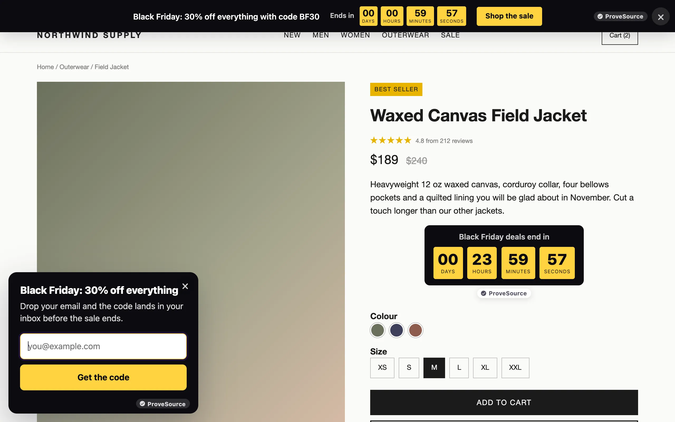 An online store with a Black Friday banner, countdown timer and offer popup