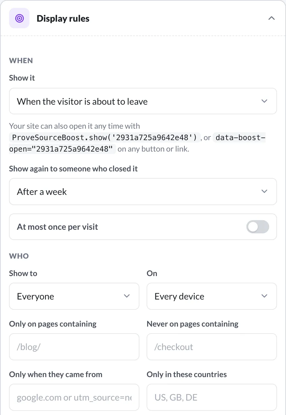 The display rules of a popup set to open when the visitor is about to leave, shown again after a week, on every device