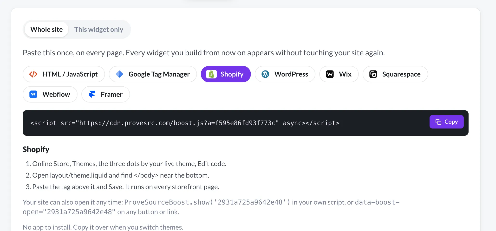 The install step in ProveSource Boost with the Shopify tab open, the site-wide tag and the three steps to paste it into theme.liquid