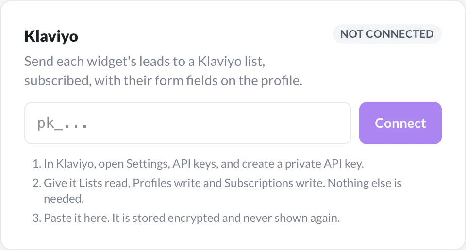 The Klaviyo integration card in ProveSource Boost, asking for a private API key with lists and profiles access