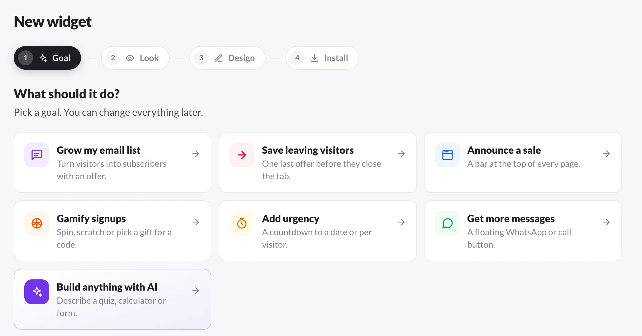 The ProveSource Boost dashboard asking what the new widget should do, with goals like grow my email list, save leaving visitors and gamify signups