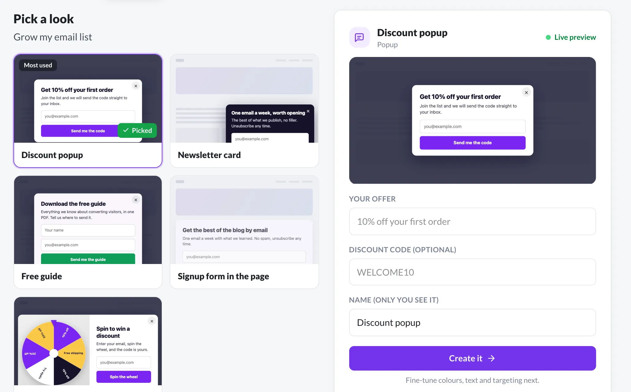 Choosing a discount popup look in ProveSource Boost, with a live preview and fields for the offer and discount code
