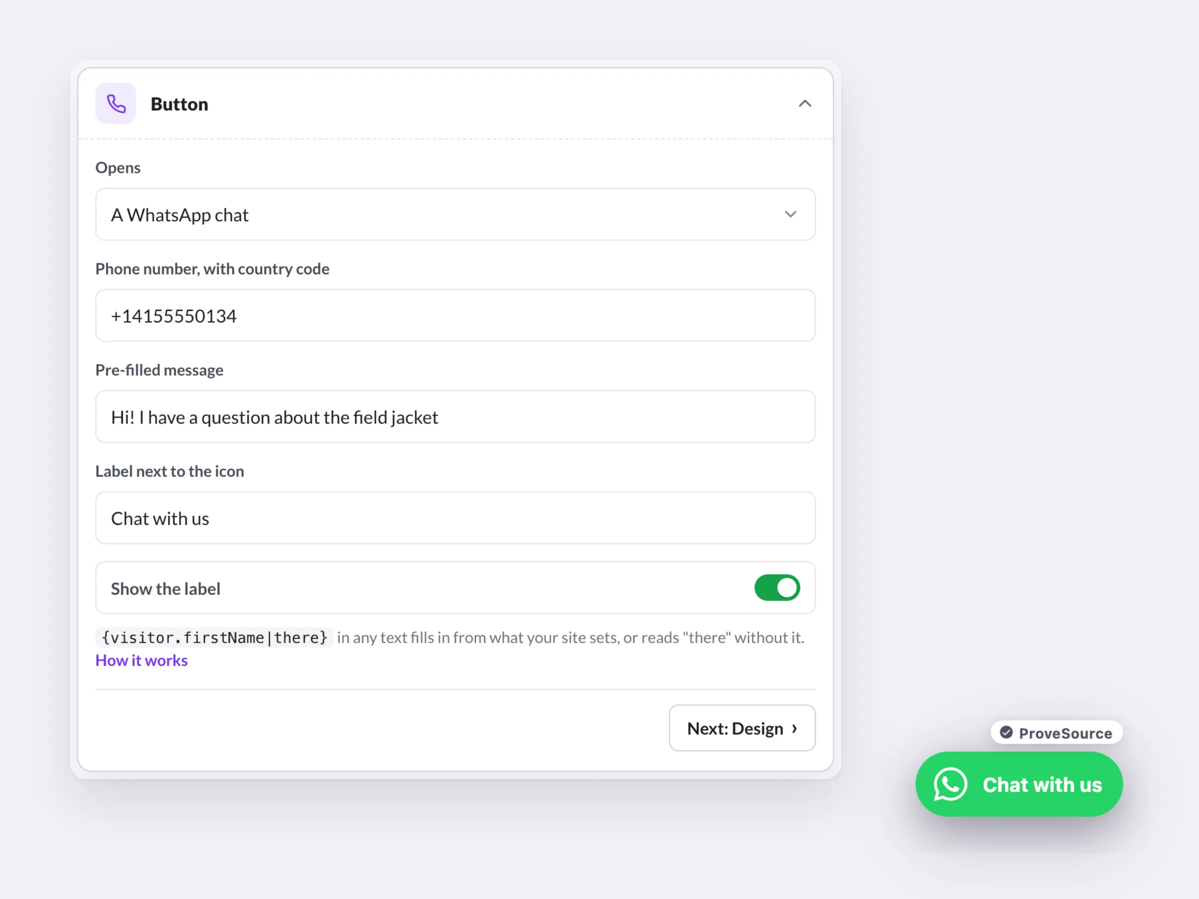 The WhatsApp button settings: number, pre-filled message and label, with a live preview