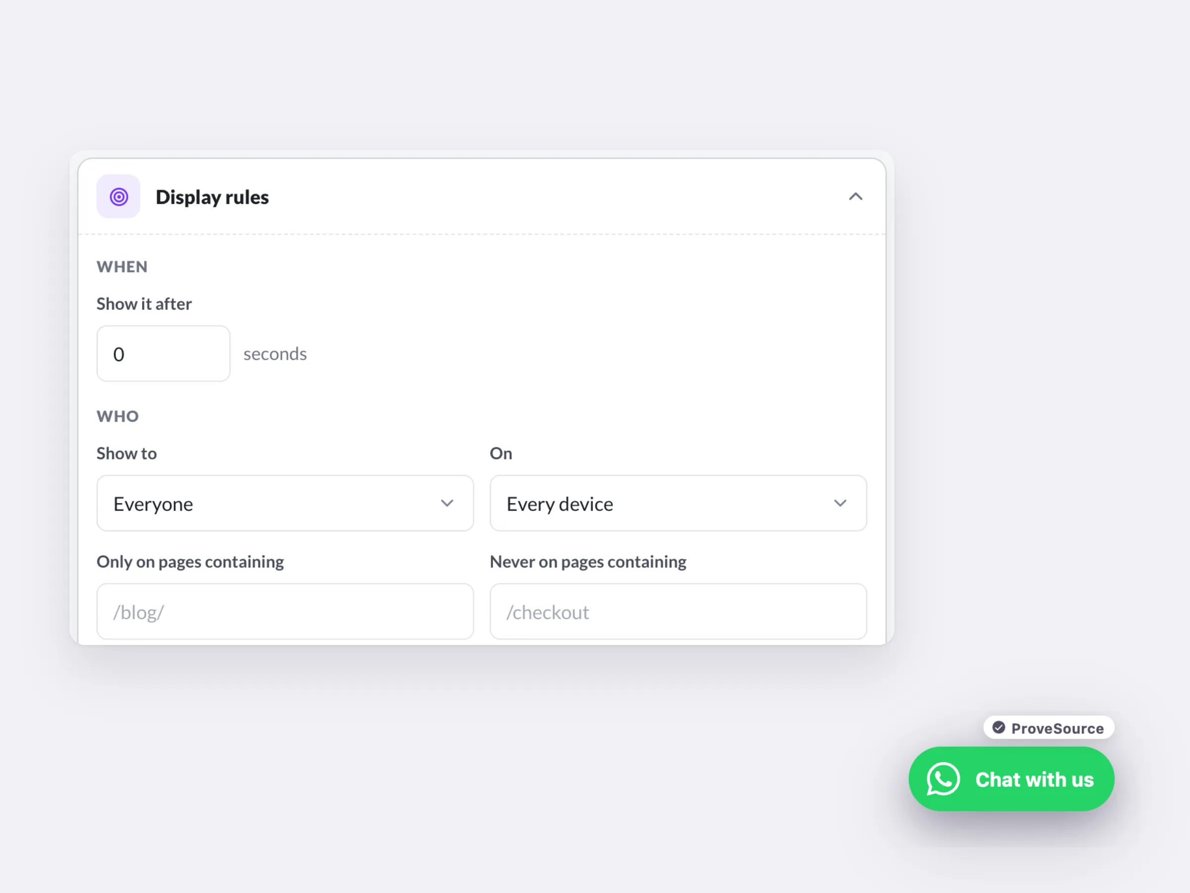 The Display rules panel for a WhatsApp button