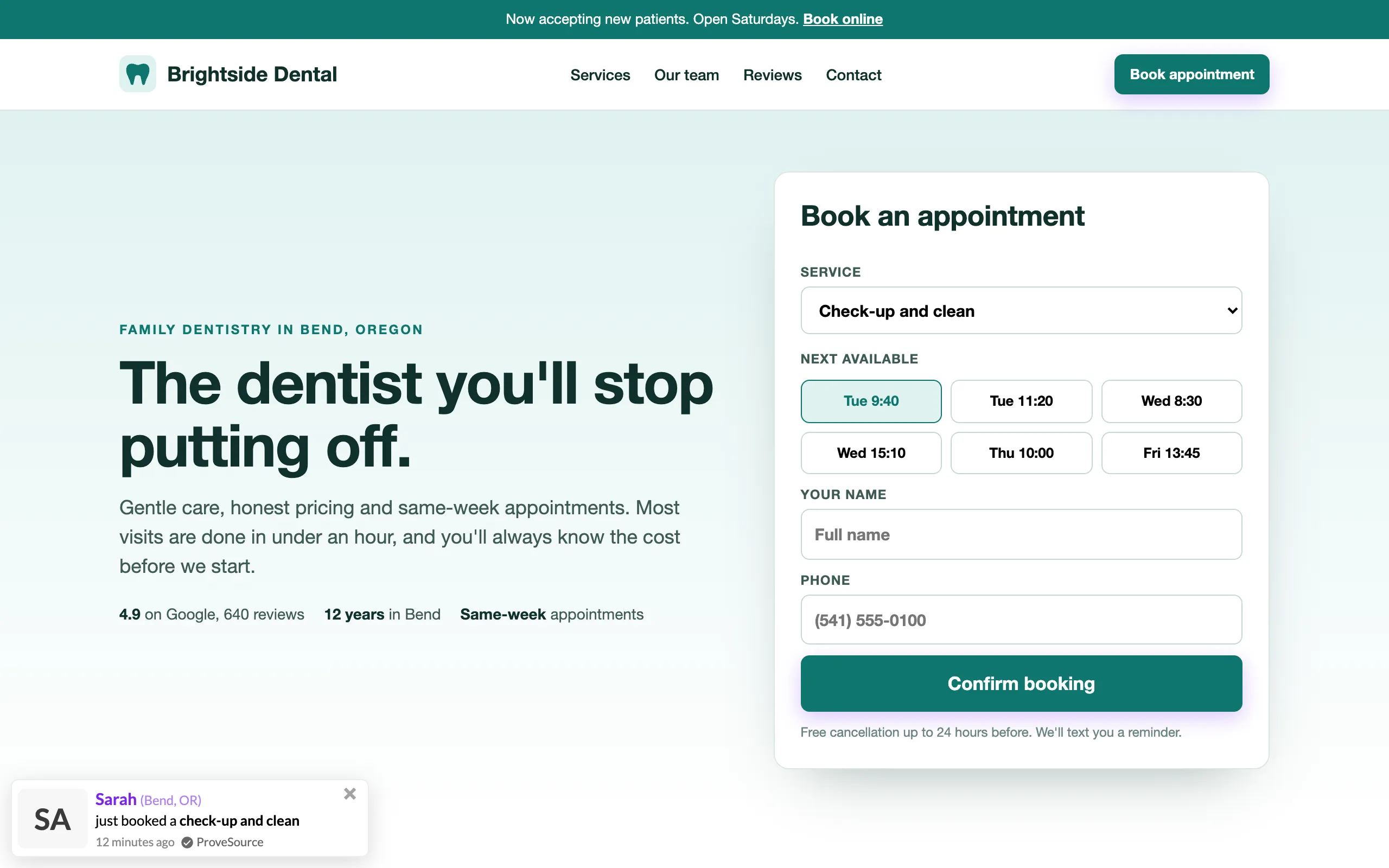 A dental clinic booking page with a ProveSource appointment notification