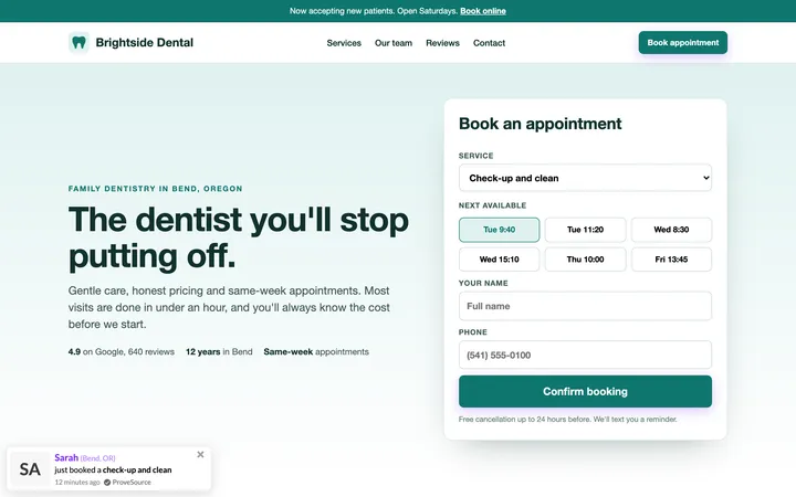 Dental clinic with online booking demo with a ProveSource notification