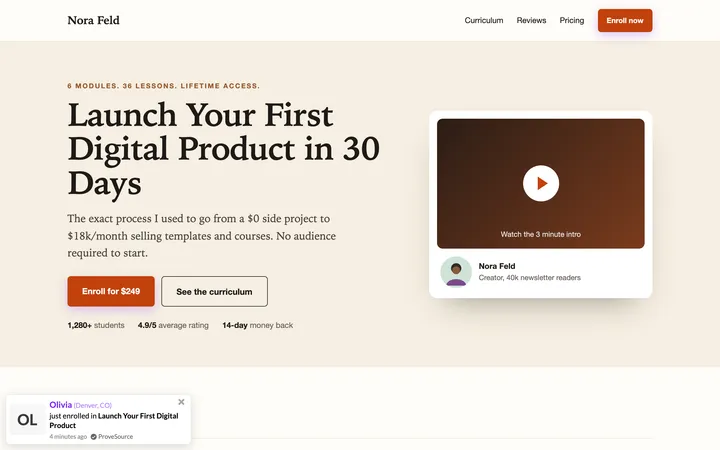 Course sales page demo with a ProveSource notification