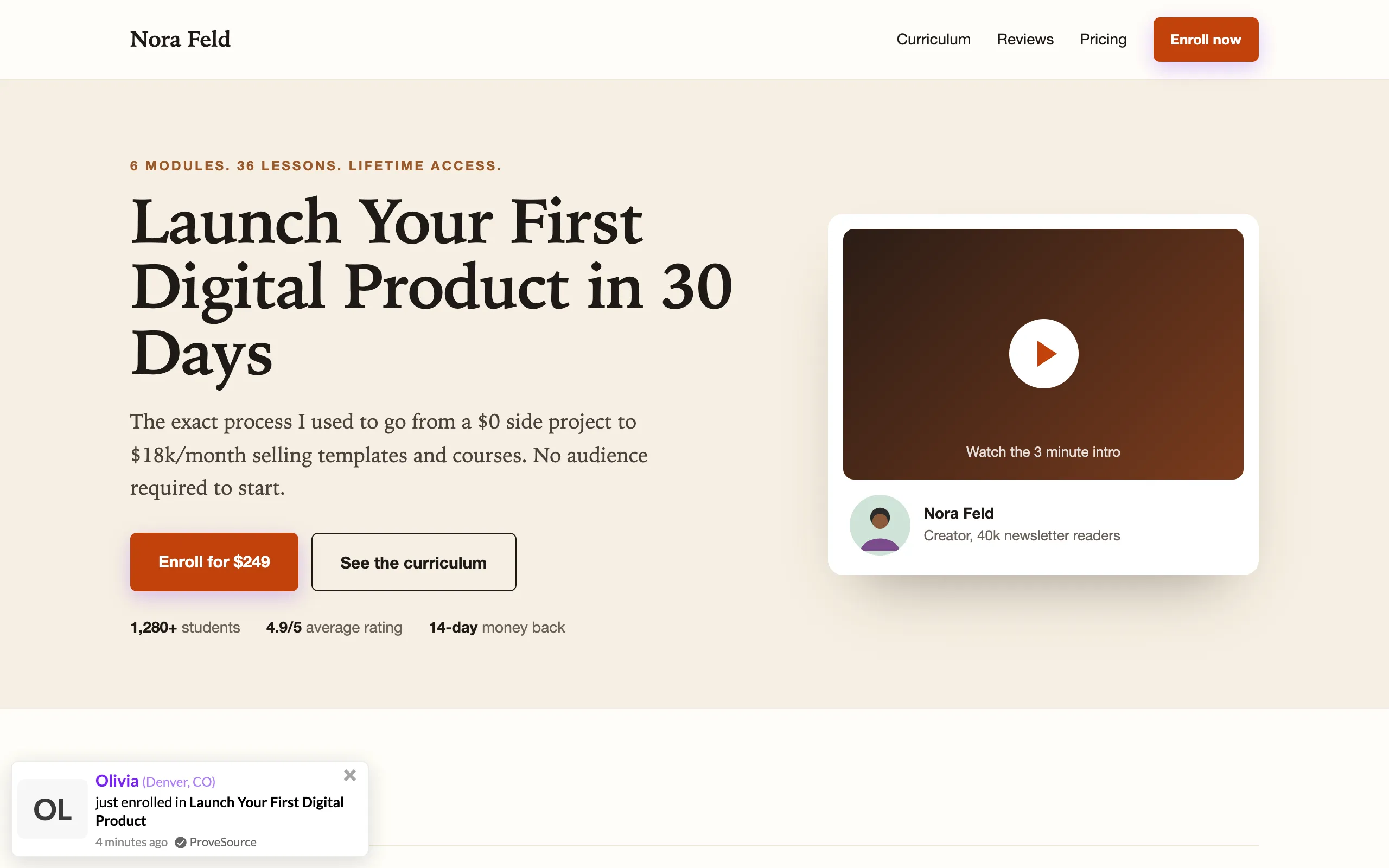 A course sales page with a ProveSource enrollment notification