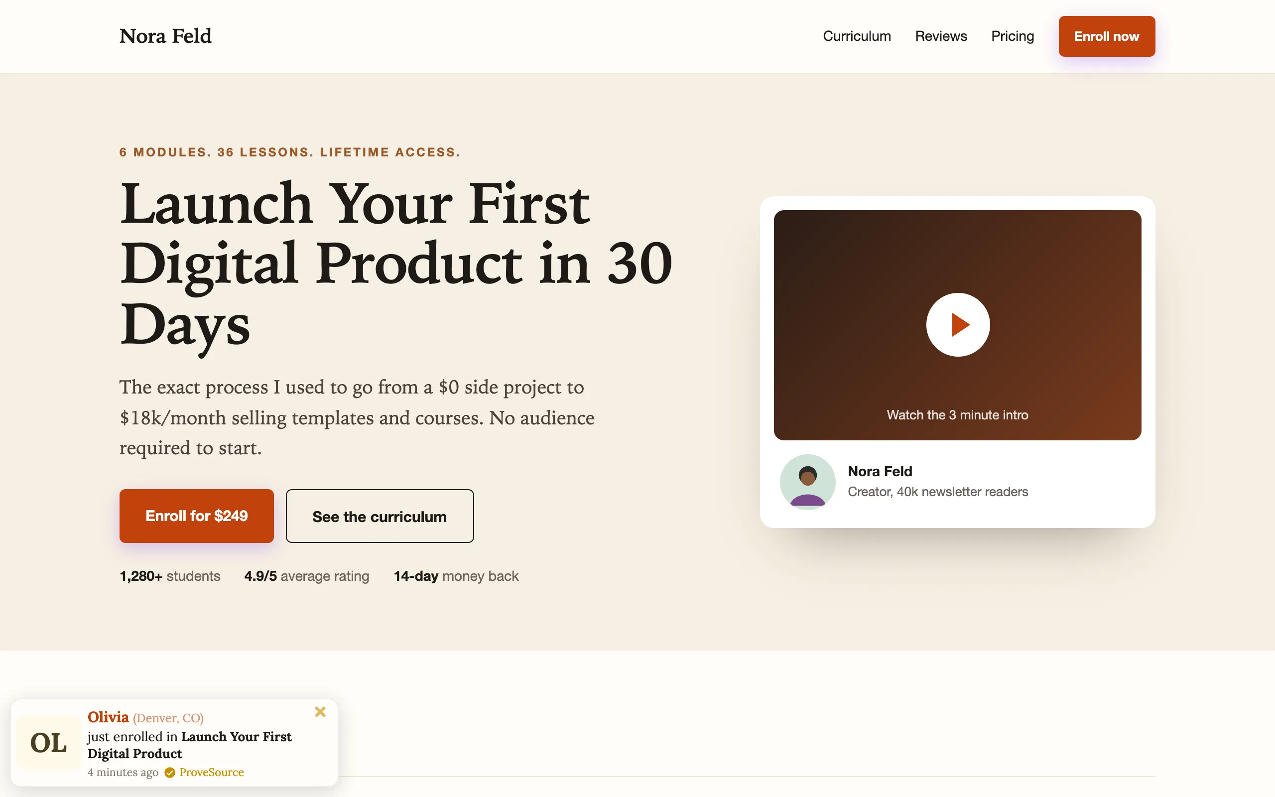 A course sales page with a ProveSource enrollment notification