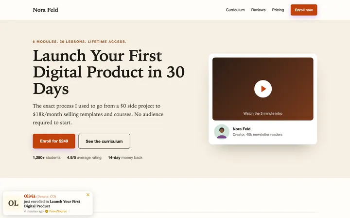 Course sales page demo with a ProveSource notification