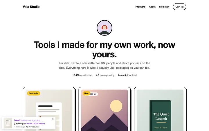 Creator storefront demo with a ProveSource notification