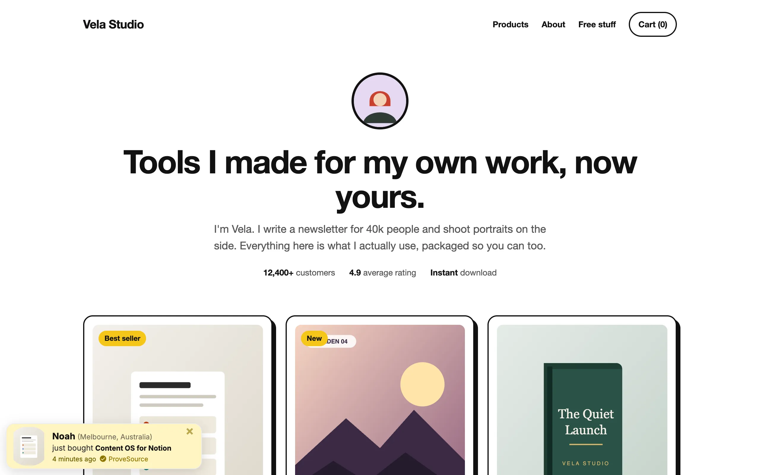A creator storefront with a ProveSource purchase notification