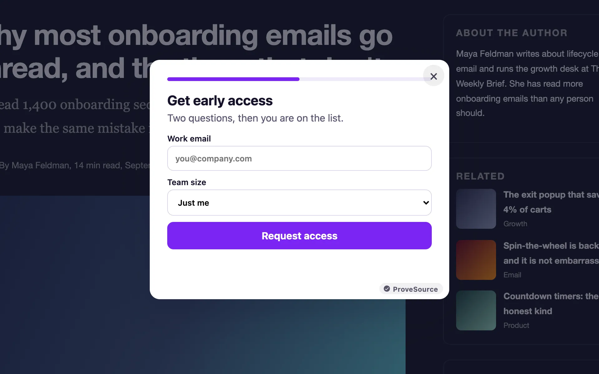 A custom two-step signup widget in a popup on a blog