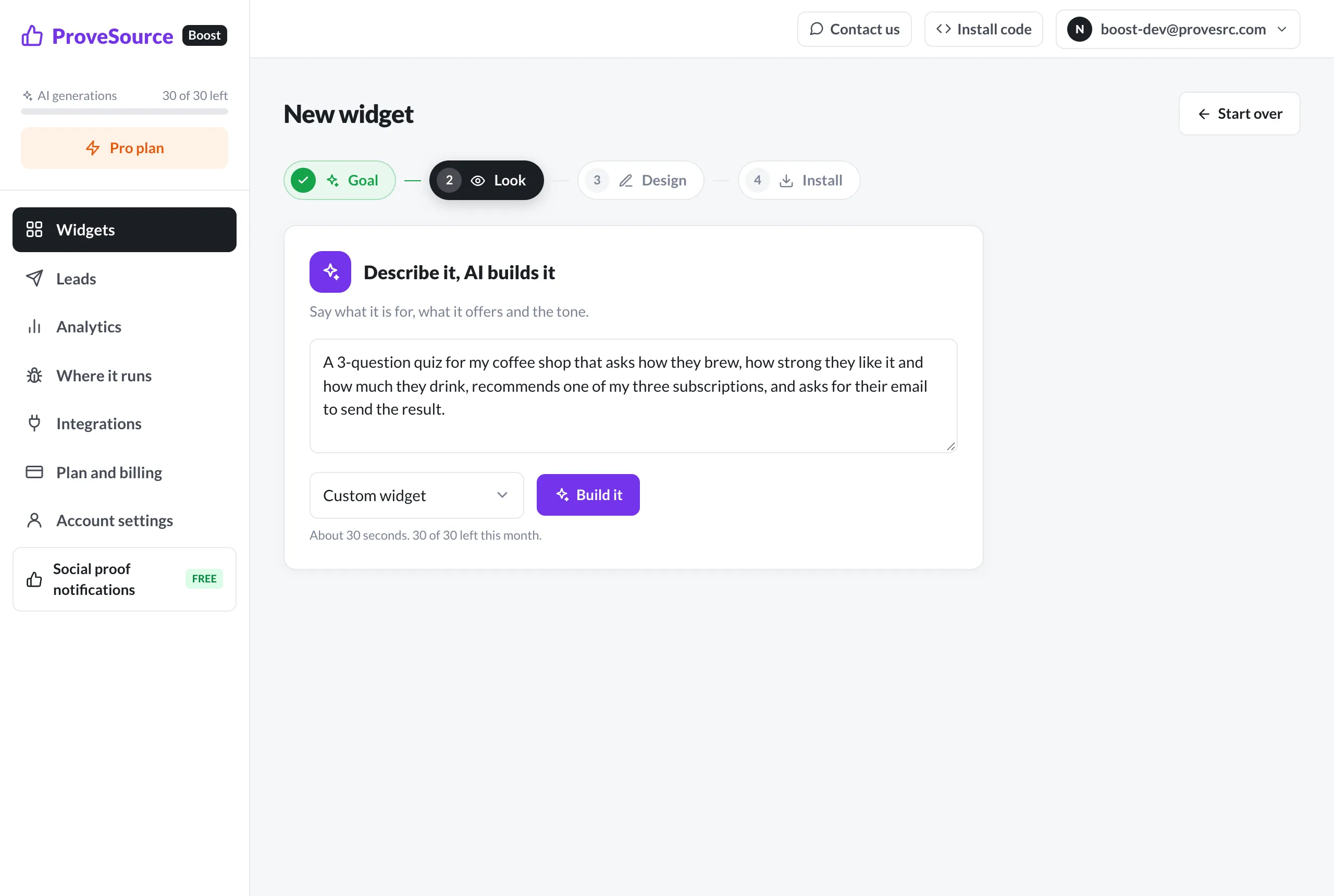 The AI widget builder in the Boost dashboard