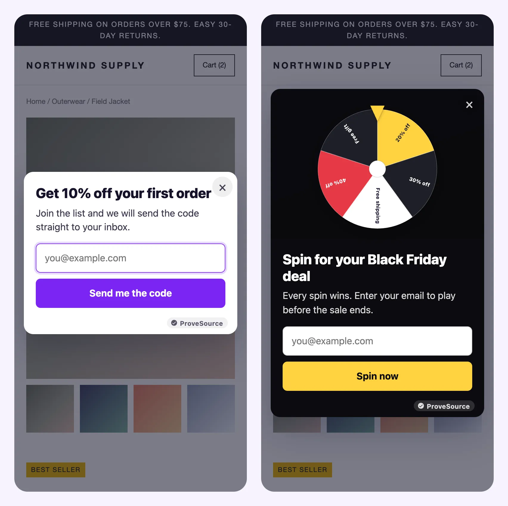 A discount popup and a Black Friday spin to win wheel on a phone, both drawn by ProveSource Boost