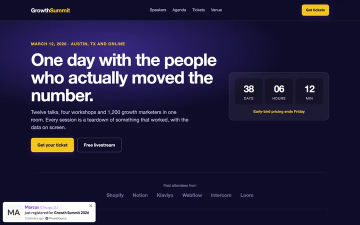 Conference registration page demo with a ProveSource notification