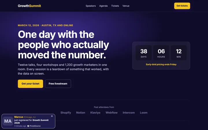 Conference registration page demo with a ProveSource notification