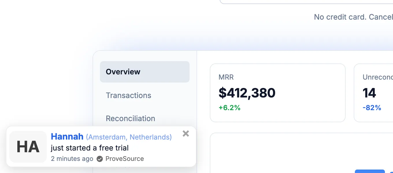 A free trial notification on a SaaS site: Hannah from Amsterdam just started a free trial, 2 minutes ago