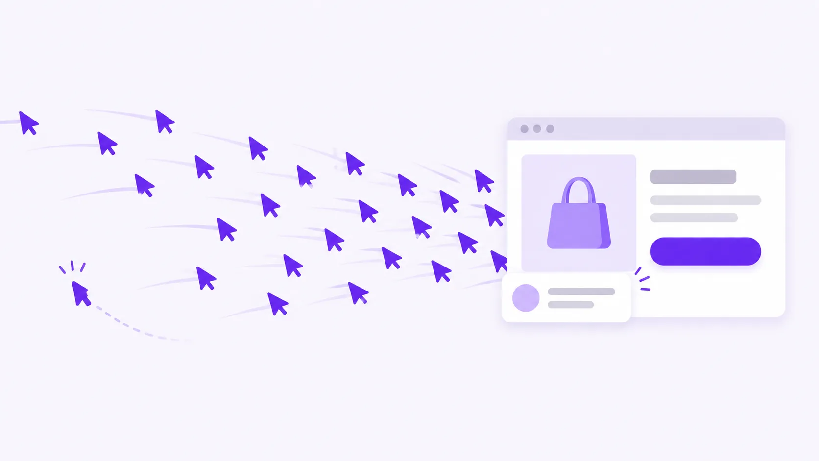 A stream of mouse cursors heading to one product page with a purchase notification, and one cursor hesitating