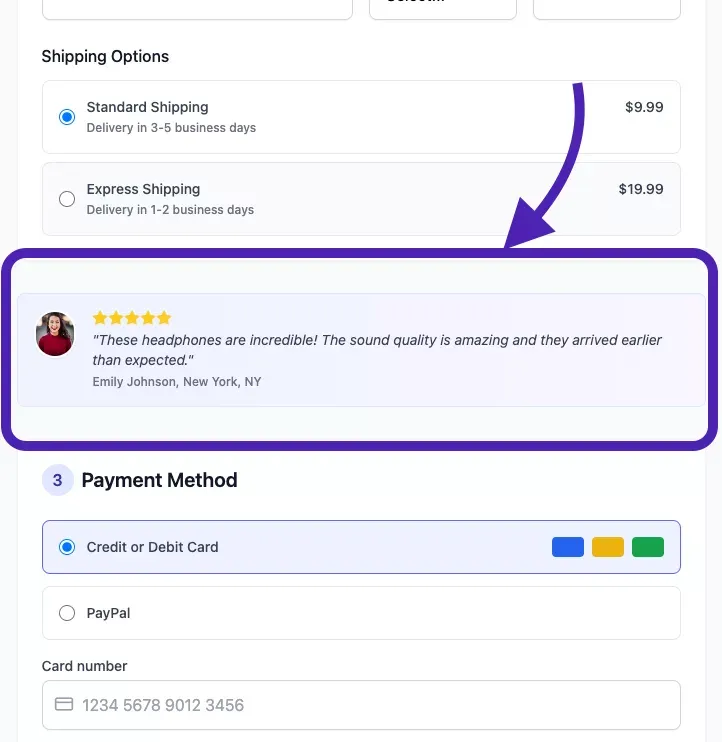 optimized checkout page with with testimonials