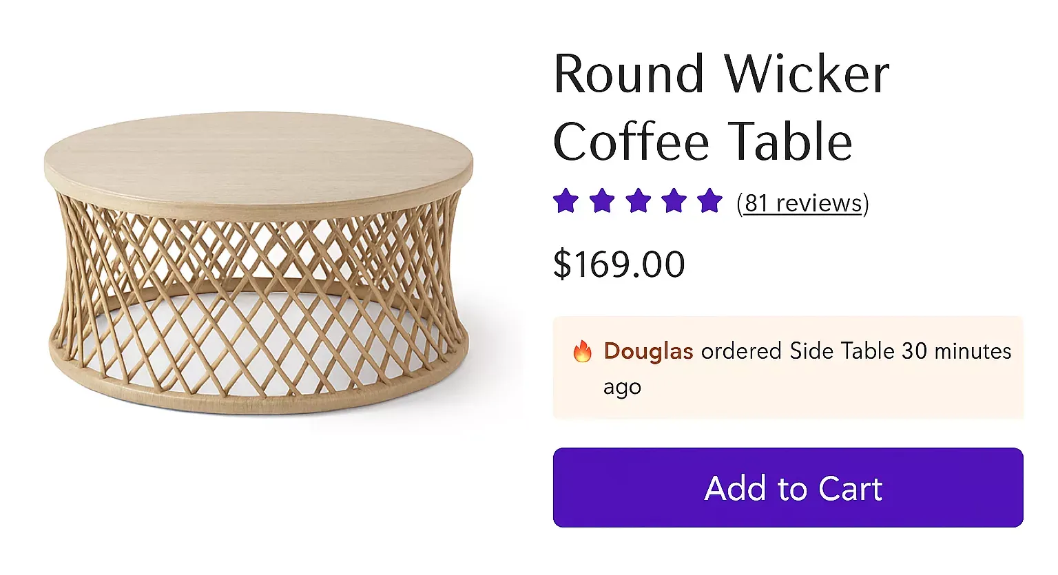 Example of inline embedded social proof on e-commerce product pages showing recent purchase notifications between price and Add to Cart button for a coffee table and wall panels.