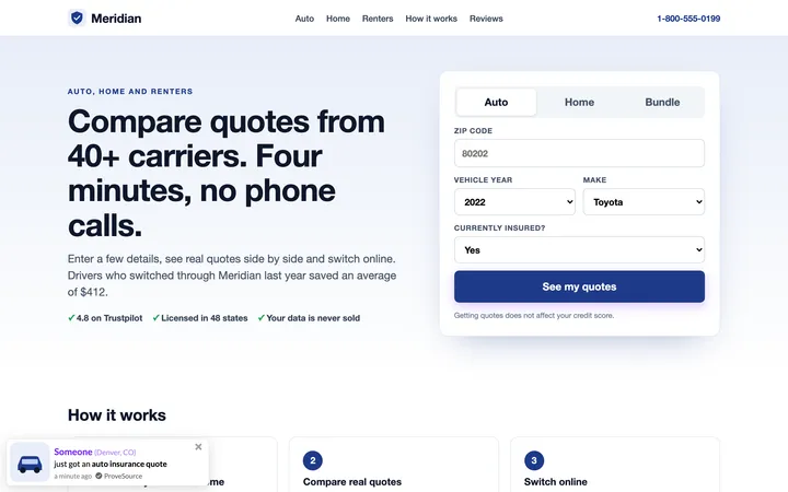 Insurance quote site demo with a ProveSource notification