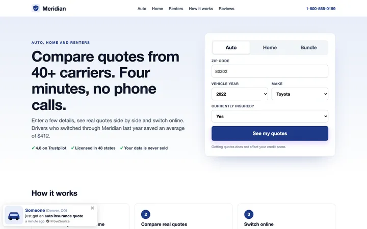 Insurance quote site demo with a ProveSource notification
