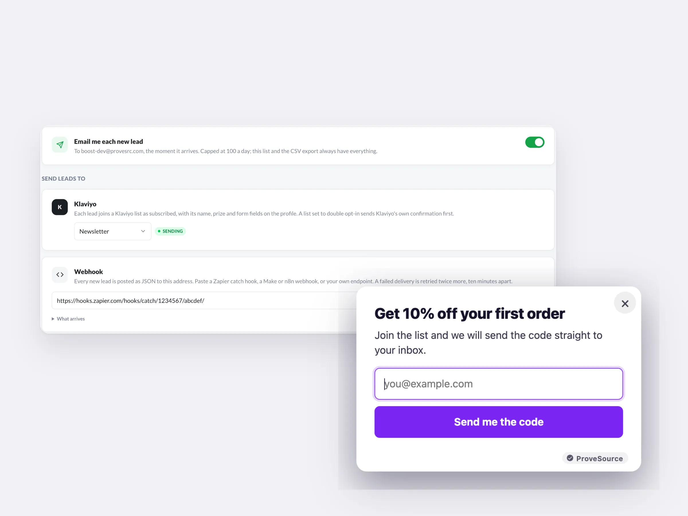 Leads delivery settings: an email per lead, a Klaviyo list and a Zapier webhook