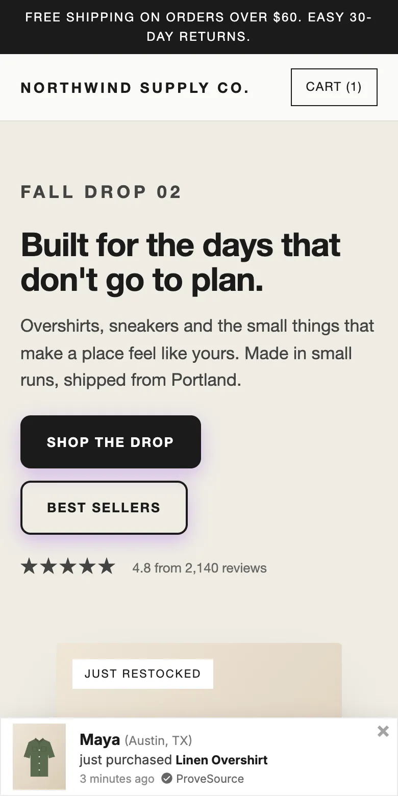 A ProveSource recent sale notification at the bottom of a phone screen on a store page