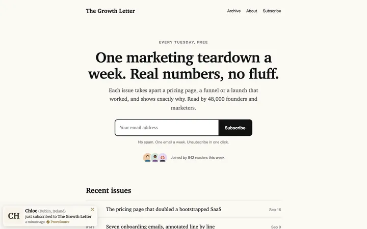 Newsletter signup page demo with a ProveSource notification
