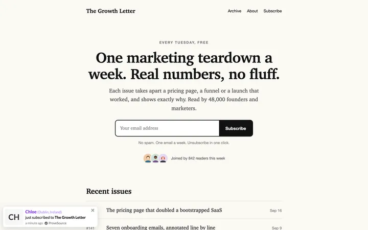 Newsletter signup page demo with a ProveSource notification
