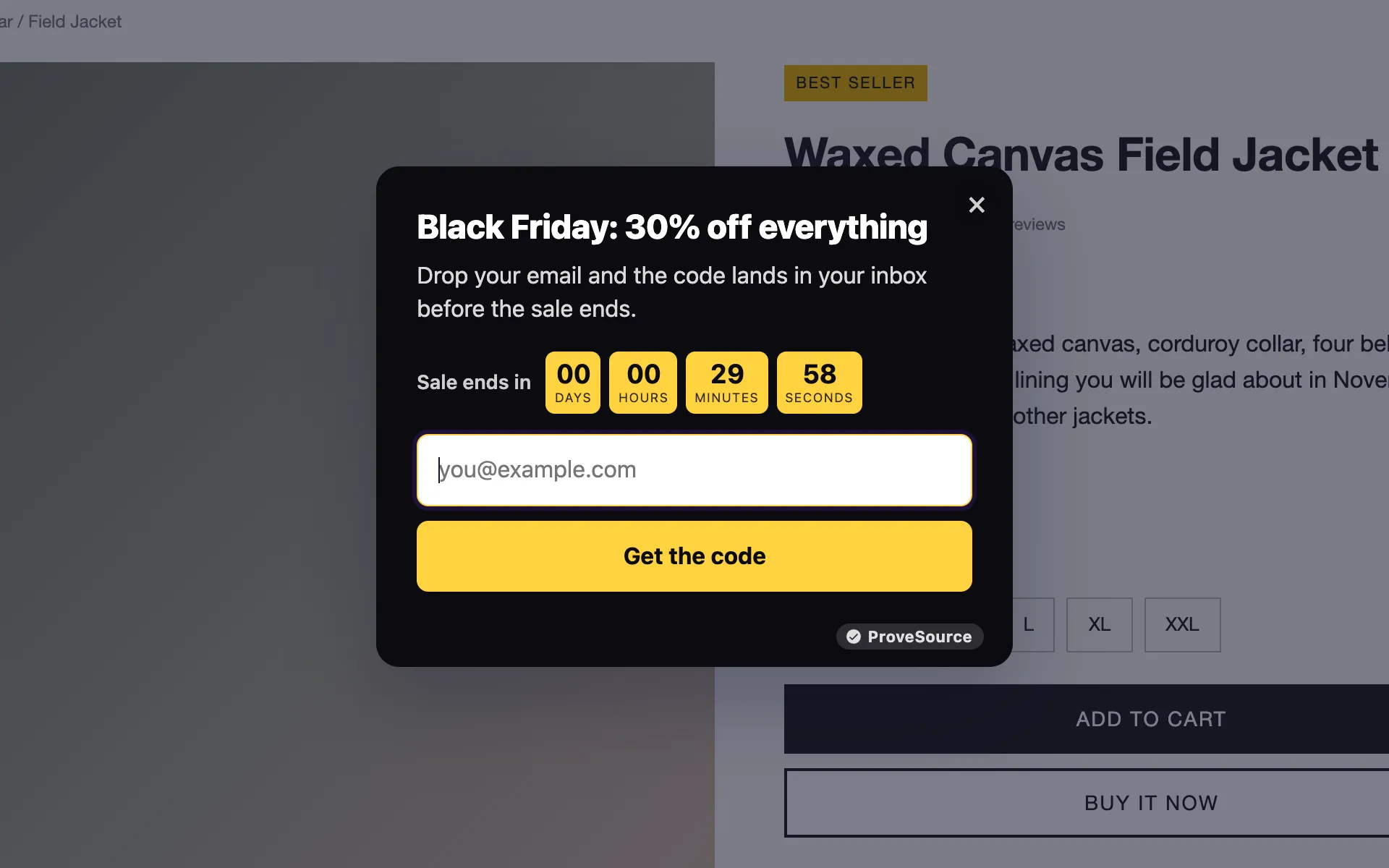 A Black Friday popup collecting emails with a countdown