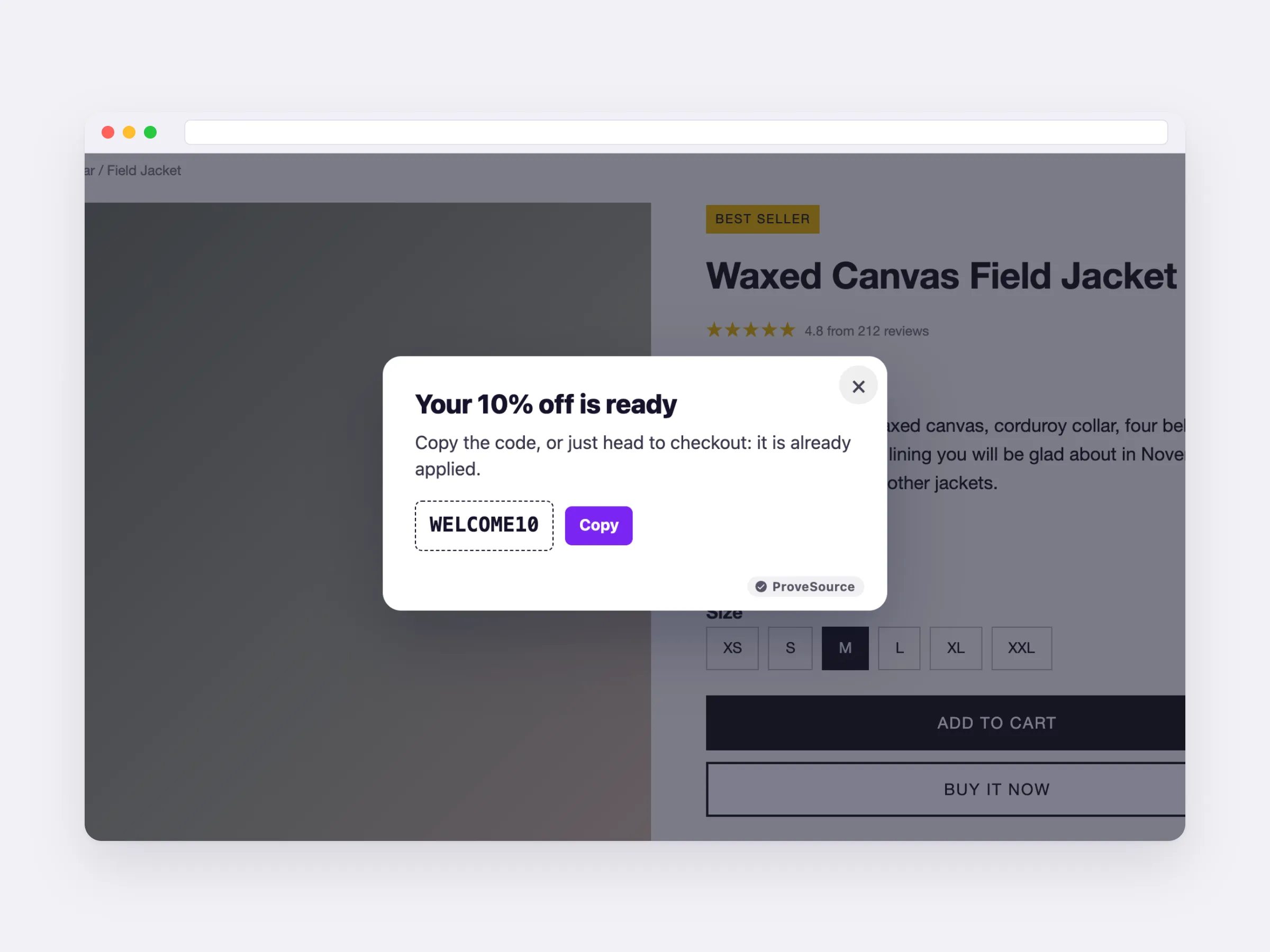 A popup showing the discount code WELCOME10 with a copy button after signup
