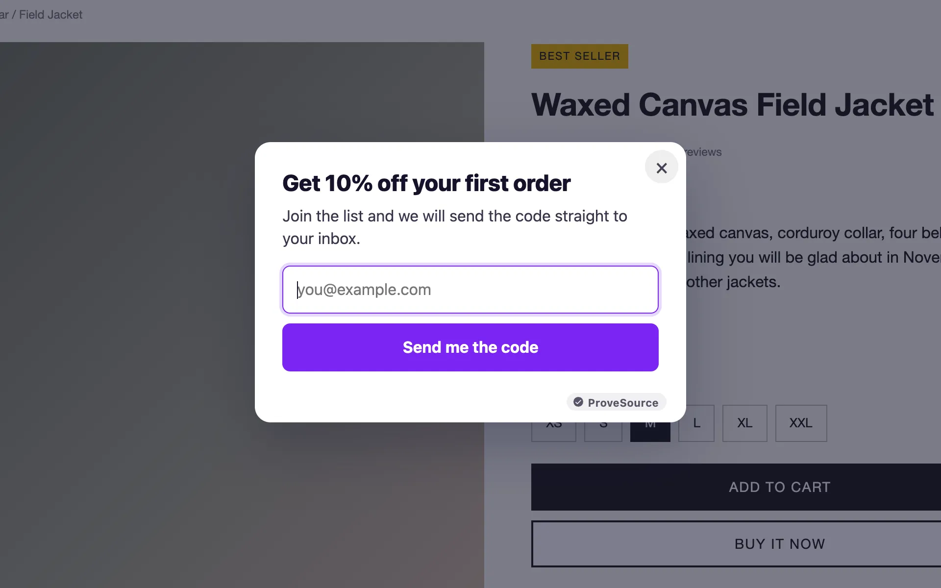 A discount email popup on an online store