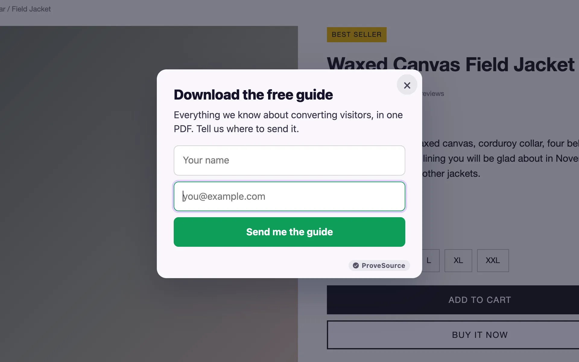 A pop-up offering a free guide in exchange for a name and email