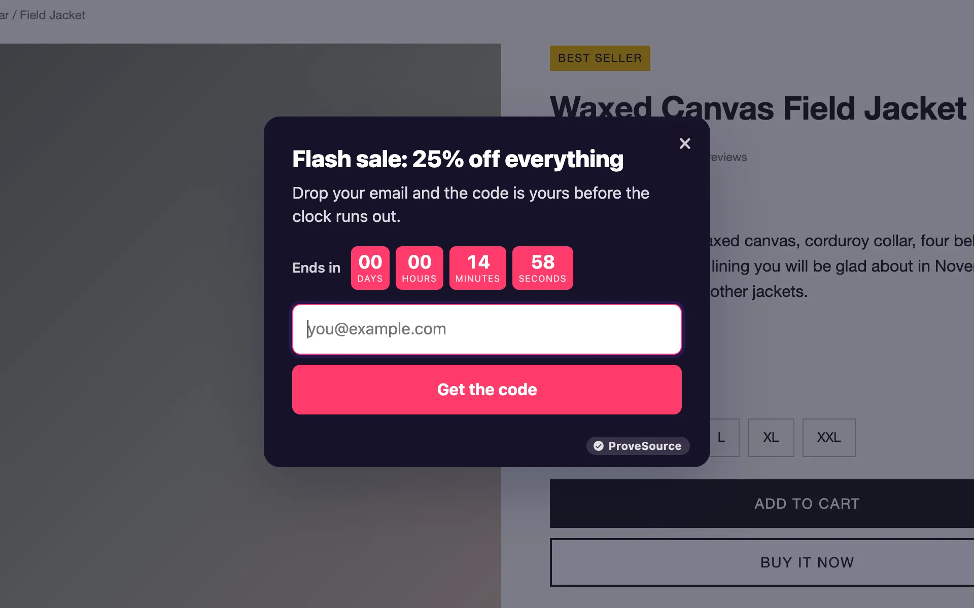 A flash sale pop-up with a live countdown timer and an email field