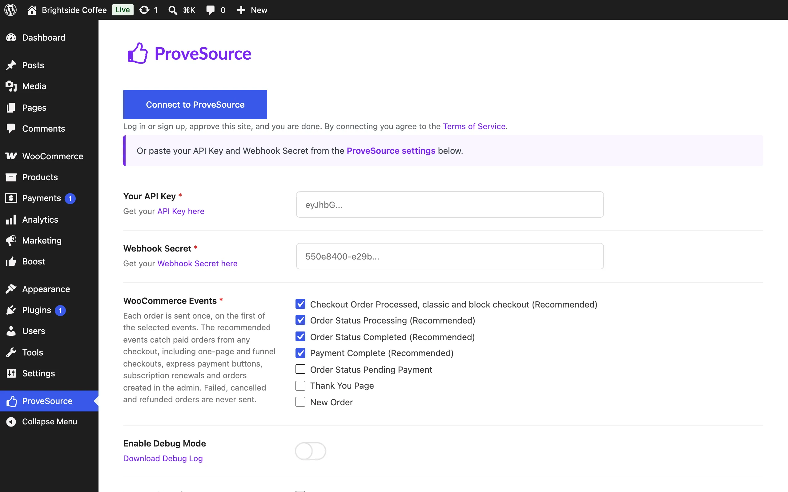 The ProveSource plugin settings page in WordPress, with the Connect to ProveSource button and the WooCommerce order events