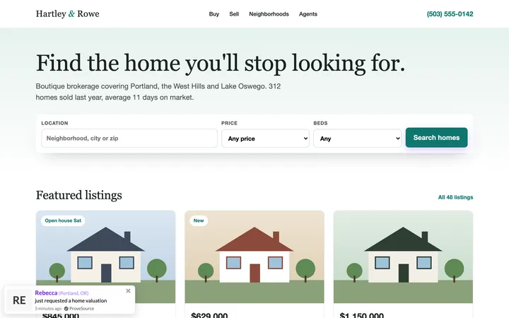 Real estate agency demo with a ProveSource notification